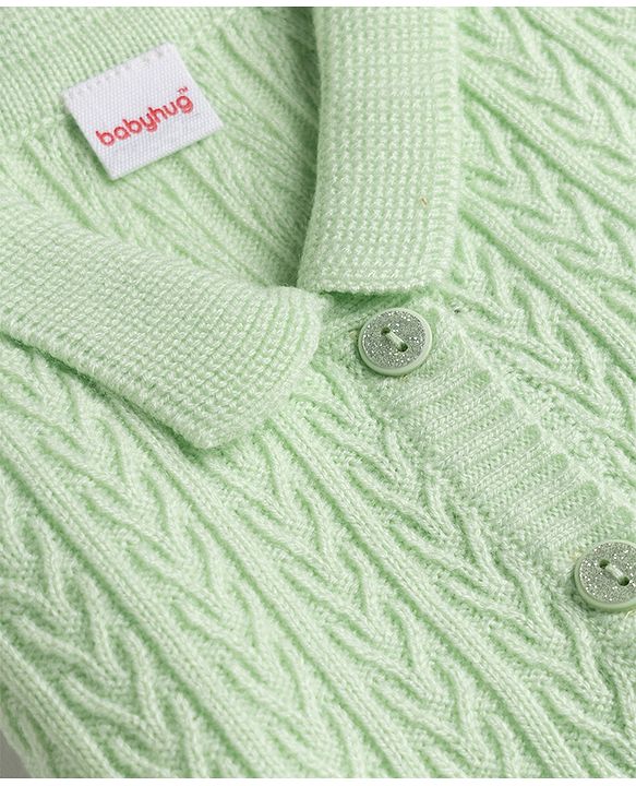 Babyhug Select Knit Full Sleeves Solid Colour Collar Neck Front Open Sweater with Cable Knit Design - Light Green