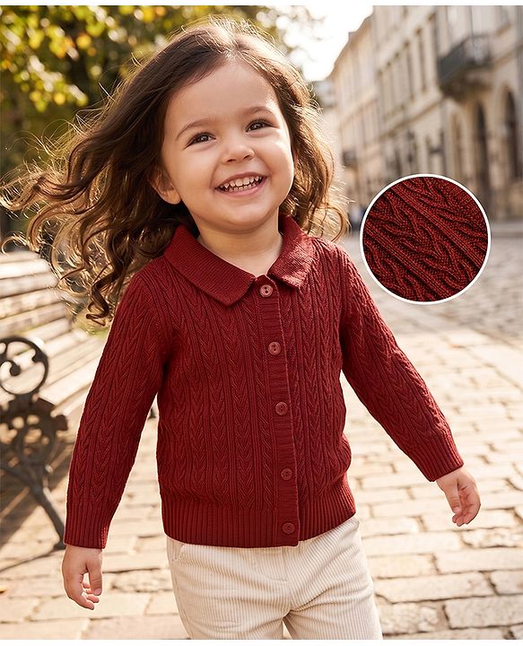 Babyhug Select Knit Full Sleeves Solid Colour Collar Neck Front Open Sweater with Cable Knit Design - Rust Orange