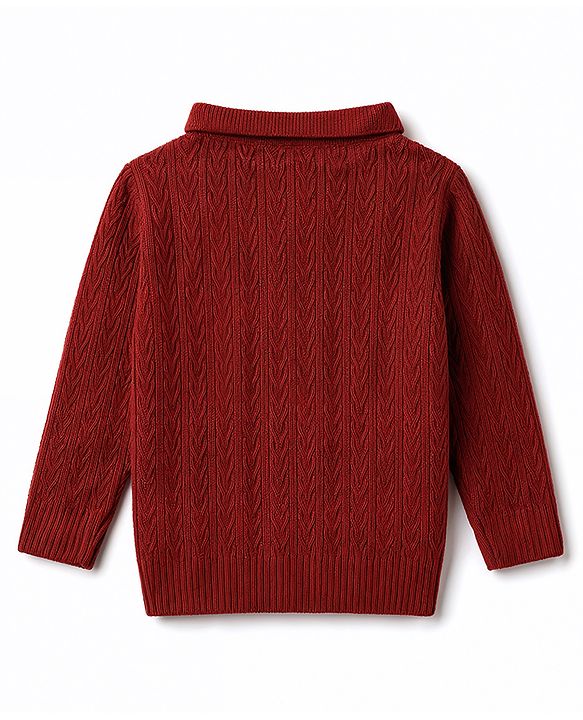 Babyhug Select Knit Full Sleeves Solid Colour Collar Neck Front Open Sweater with Cable Knit Design - Rust Orange