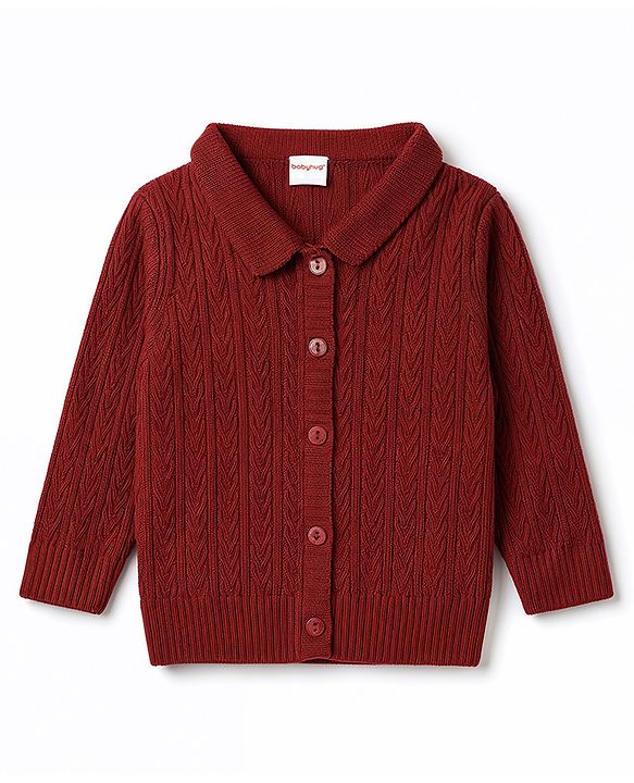 Babyhug Select Knit Full Sleeves Solid Colour Collar Neck Front Open Sweater with Cable Knit Design - Rust Orange