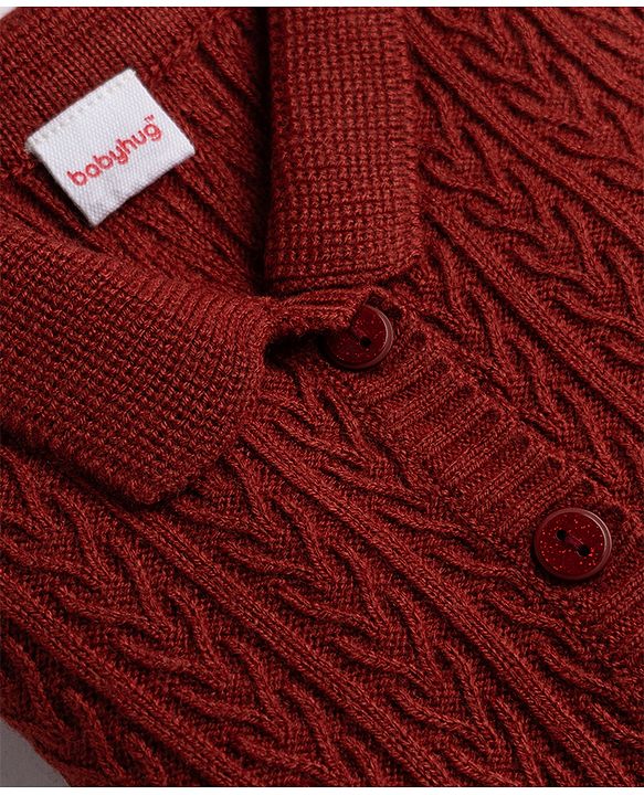 Babyhug Select Knit Full Sleeves Solid Colour Collar Neck Front Open Sweater with Cable Knit Design - Rust Orange