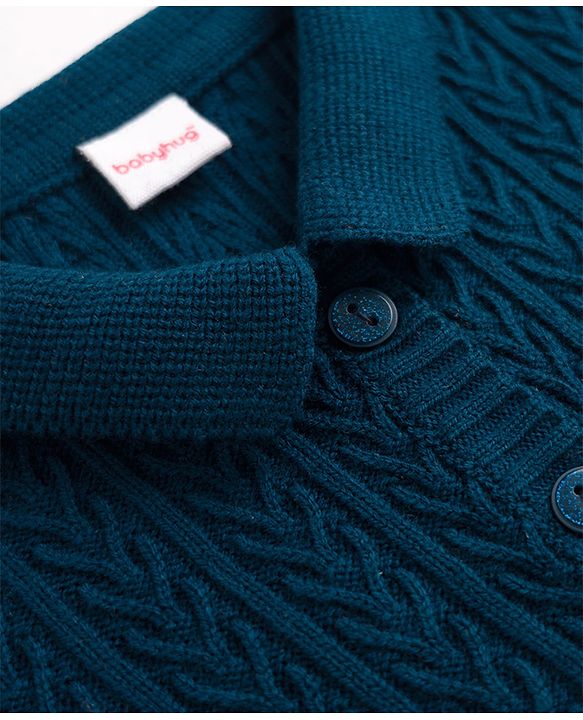Babyhug Select Knit Full Sleeves Solid Colour Collar Neck Front Open Sweater with Cable Knit Design - Navy