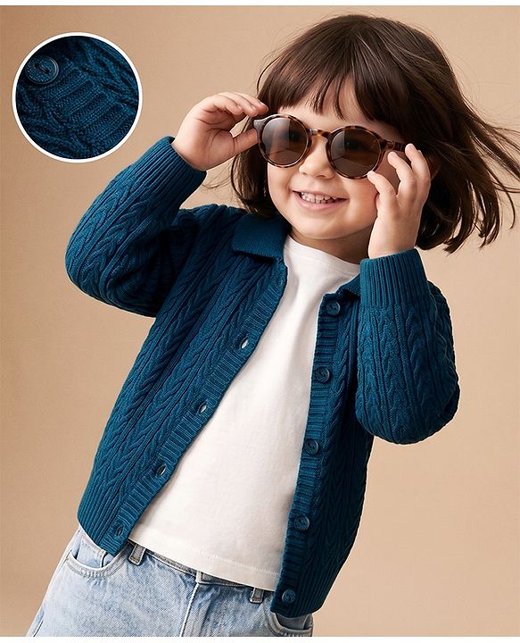 Babyhug Select Knit Full Sleeves Solid Colour Collar Neck Front Open Sweater with Cable Knit Design - Navy