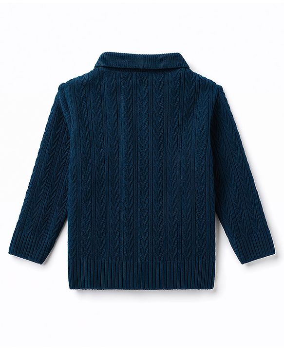 Babyhug Select Knit Full Sleeves Solid Colour Collar Neck Front Open Sweater with Cable Knit Design - Navy