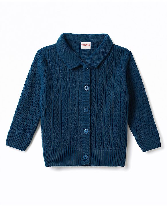 Babyhug Select Knit Full Sleeves Solid Colour Collar Neck Front Open Sweater with Cable Knit Design - Navy