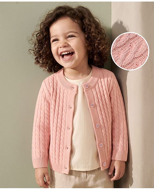 Babyhug  Knit Full Sleeves Front Open Sweaters With Cable Knit Design - Pink