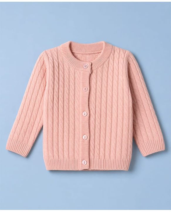Babyhug  Knit Full Sleeves Front Open Sweaters With Cable Knit Design - Pink