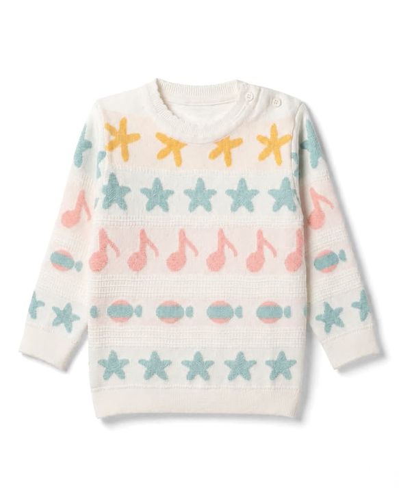Babyhug Full Sleeves Knit Pullovers With Star Design - White