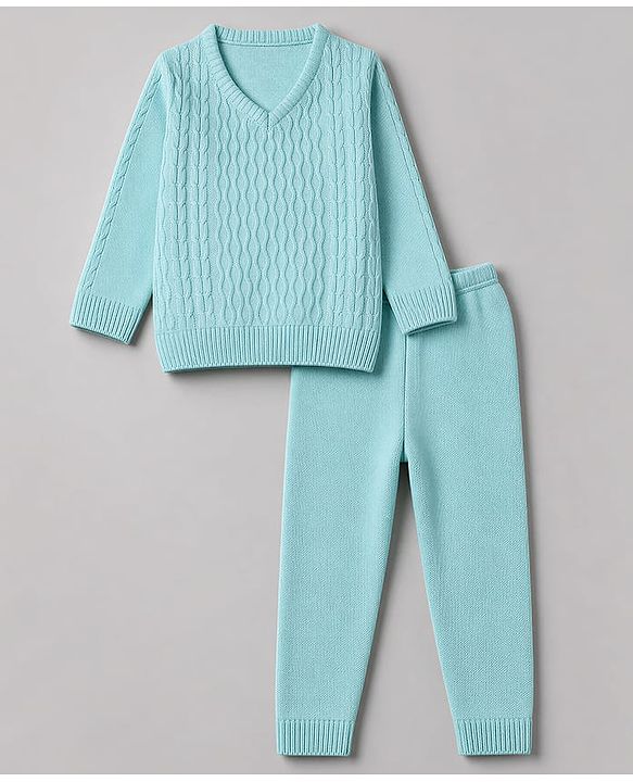 Babyhug Knit Full Sleeves Sweater Set With Cable Knit - Light Blue