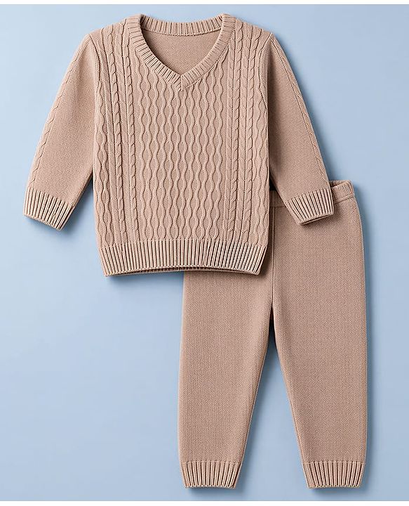 Babyhug Knit Full Sleeves Sweater Set With Cable Knit - Light Brown