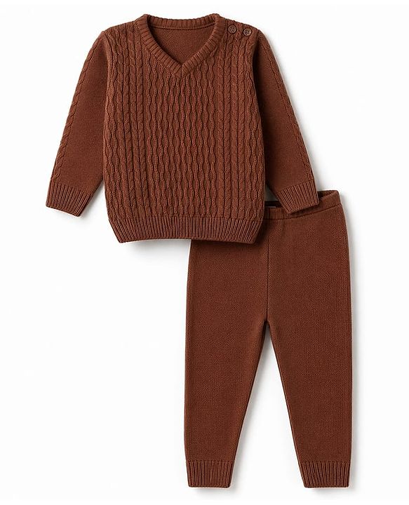 Babyhug Knit Full Sleeves Sweater Set With Cable Knit - Brown