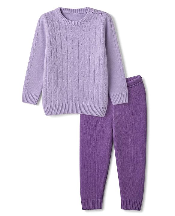 Babyhug Knit Full Sleeves Sweater Set with Cable Knit Design - Purple