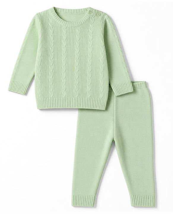 Babyhug Knit Full Sleeves Sweater Set With Cable Knit Design - Light Green