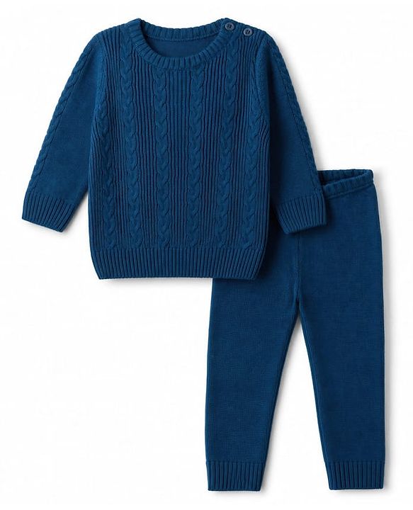 Babyhug Knit Full Sleeves Sweater Set With Cable Knit Design - Teal Blue