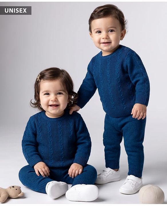 Babyhug Knit Full Sleeves Sweater Set With Cable Knit Design - Teal Blue