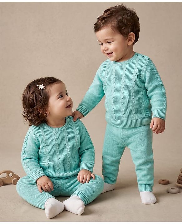 Babyhug Knit Full Sleeves Cable Design Sweater Set - Light Blue