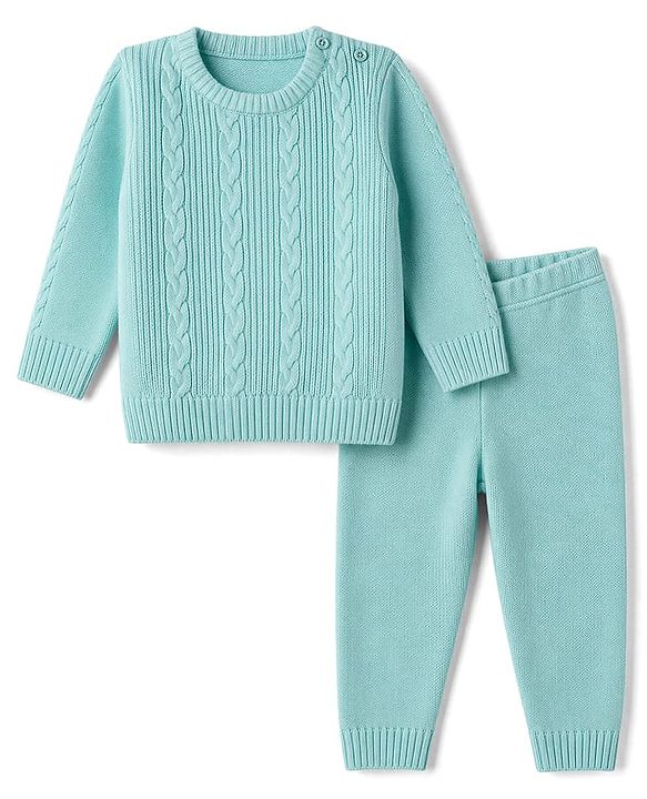 Babyhug Knit Full Sleeves Cable Design Sweater Set - Light Blue