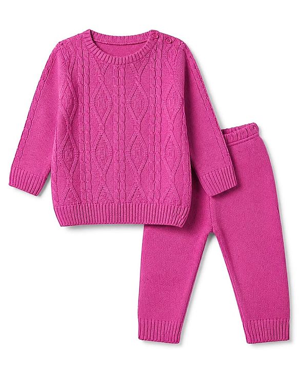 Babyhug Knit Sweater Set with Full Sleeves and Cable Knit in Fuchsia