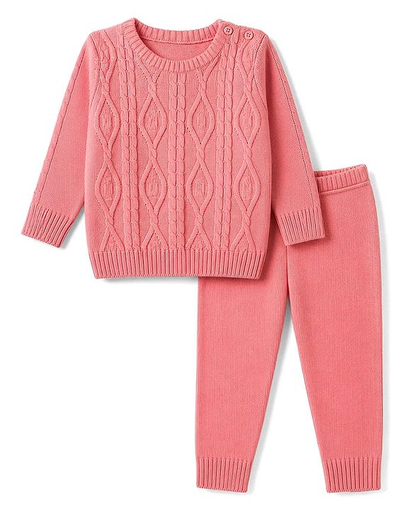 Babyhug Knit Full Sleeves Cable Design Sweater Set - Peach