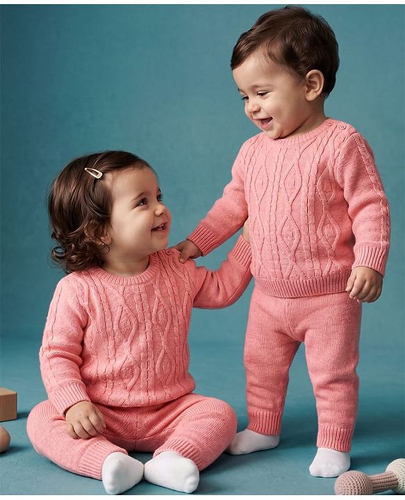 Babyhug Knit Full Sleeves Cable Design Sweater Set - Peach