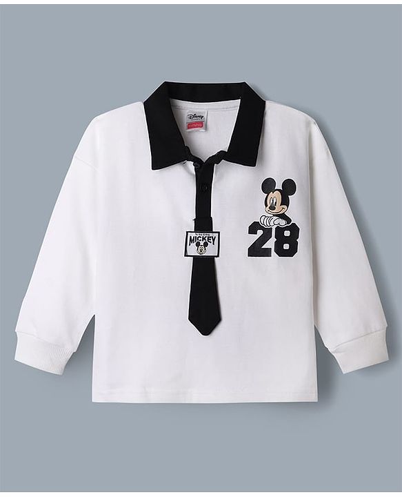 Babyhug Disney Single Jersey Knit Full Sleeves Collar T-shirt and Joggers With Mickey Mouse Graphic - White