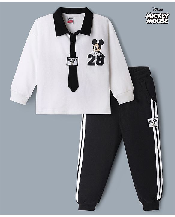 Babyhug Disney Single Jersey Knit Full Sleeves Collar T-shirt and Joggers With Mickey Mouse Graphic - White