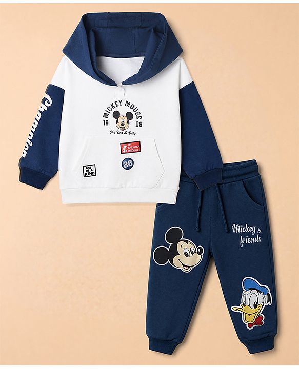 Babyhug Disney Terry Knit Full Sleeves Hooded T-shirt and Joggers Set With Mickey Mouse Graphic - Navy Blue