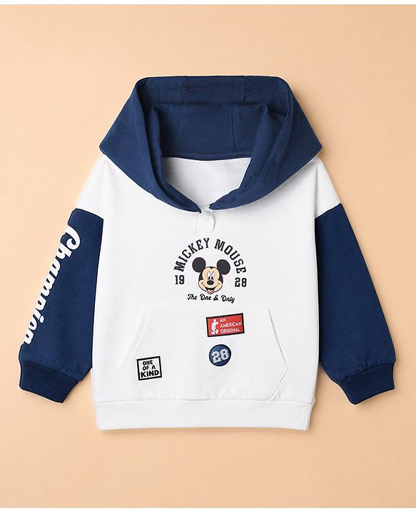Babyhug Disney Terry Knit Full Sleeves Hooded T-shirt and Joggers Set With Mickey Mouse Graphic - Navy Blue