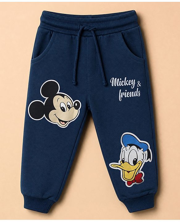 Babyhug Disney Terry Knit Full Sleeves Hooded T-shirt and Joggers Set With Mickey Mouse Graphic - Navy Blue