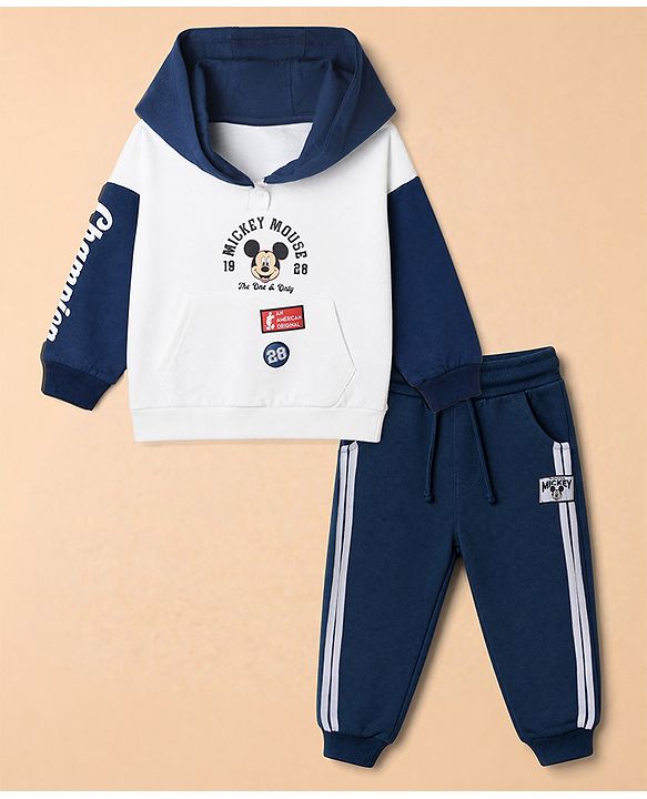 Babyhug Disney Terry Knit Full Sleeves Hooded T-shirt and Joggers Set With Mickey Mouse Graphic - Navy Blue