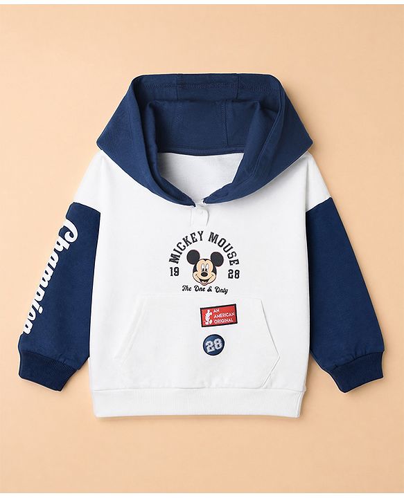 Babyhug Disney Terry Knit Full Sleeves Hooded T-shirt and Joggers Set With Mickey Mouse Graphic - Navy Blue