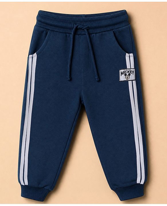 Babyhug Disney Terry Knit Full Sleeves Hooded T-shirt and Joggers Set With Mickey Mouse Graphic - Navy Blue