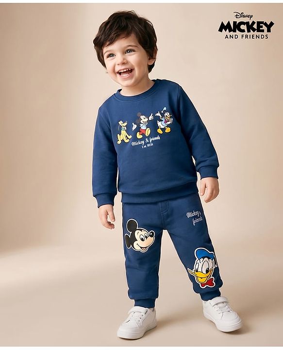 Babyhyug Disney 100% Cotton Terry Knit Full Sleeves T-Shirt & Jogger Set Mickey & Donald Print - Navy Blue