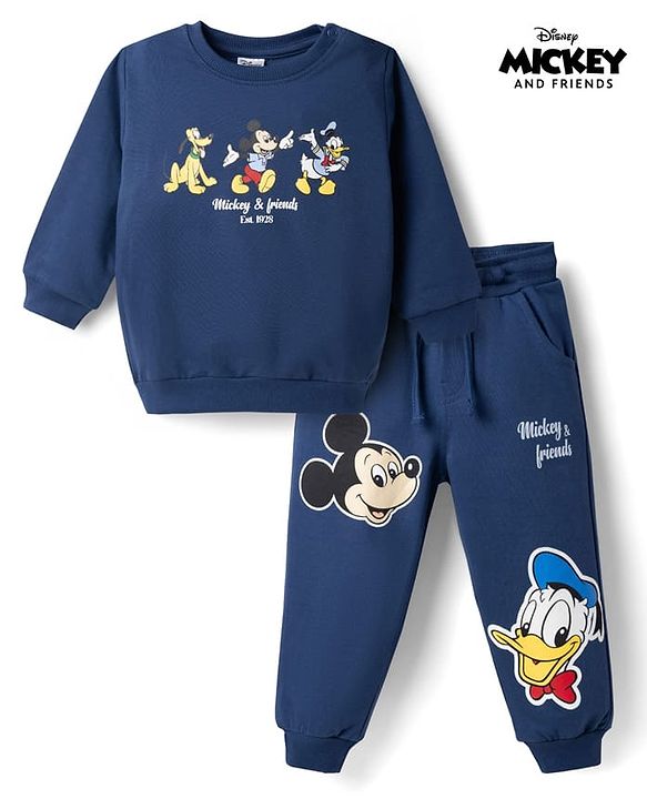 Babyhyug Disney 100% Cotton Terry Knit Full Sleeves T-Shirt & Jogger Set Mickey & Donald Print - Navy Blue