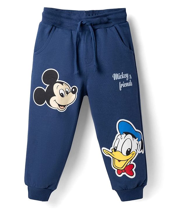 Babyhyug Disney 100% Cotton Terry Knit Full Sleeves T-Shirt & Jogger Set Mickey & Donald Print - Navy Blue