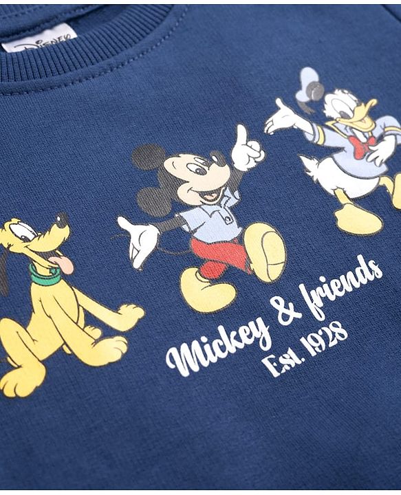 Babyhyug Disney 100% Cotton Terry Knit Full Sleeves T-Shirt & Jogger Set Mickey & Donald Print - Navy Blue