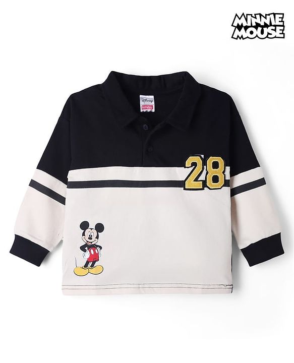 Babyhug Disney 100% Cotton Terry Knit T-Shirts with Full Sleeves and Mickey Mouse Print - Black White