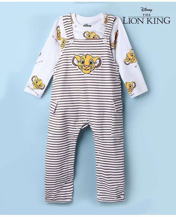 Babyhug Disney 100% Cotton Single Jersey Knit Full Sleeves Dungaree and Tee with The Lion King Graphic Print & Patch - White