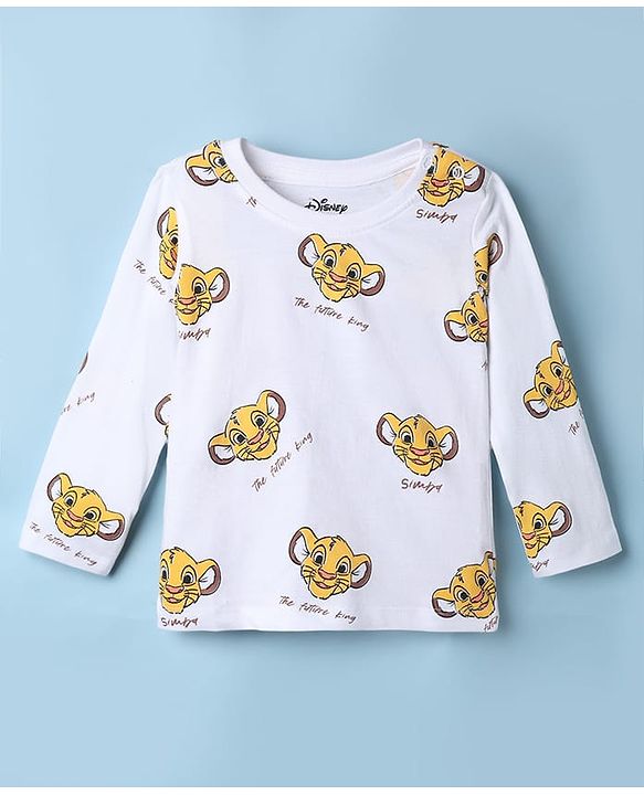 Babyhug Disney 100% Cotton Single Jersey Knit Full Sleeves Dungaree and Tee with The Lion King Graphic Print & Patch - White