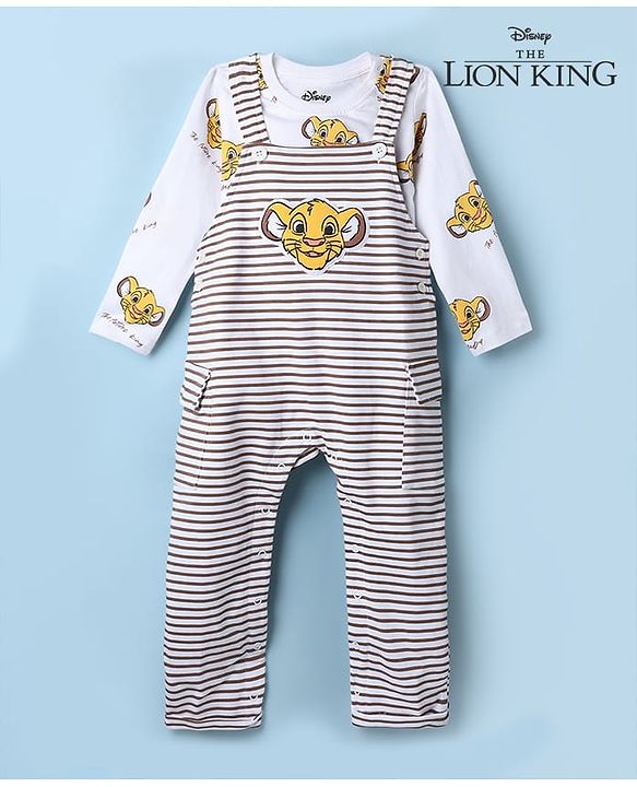 Babyhug Disney 100% Cotton Single Jersey Knit Full Sleeves Dungaree and Tee with The Lion King Graphic Print & Patch - White