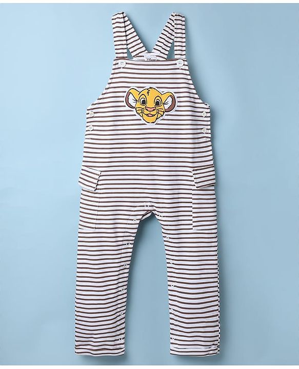 Babyhug Disney 100% Cotton Single Jersey Knit Full Sleeves Dungaree and Tee with The Lion King Graphic Print & Patch - White