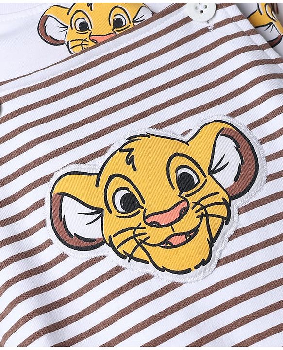 Babyhug Disney 100% Cotton Single Jersey Knit Full Sleeves Dungaree and Tee with The Lion King Graphic Print & Patch - White