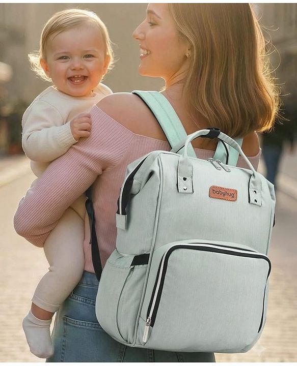 Babyhug Spacious and Multifunctional Denim Diaper Backpack - Safari Green| Wide Fish Mouth Opening| Insulated Feeding Bottle Pouches| Wipes Dispenser| Easy Access Back Opening