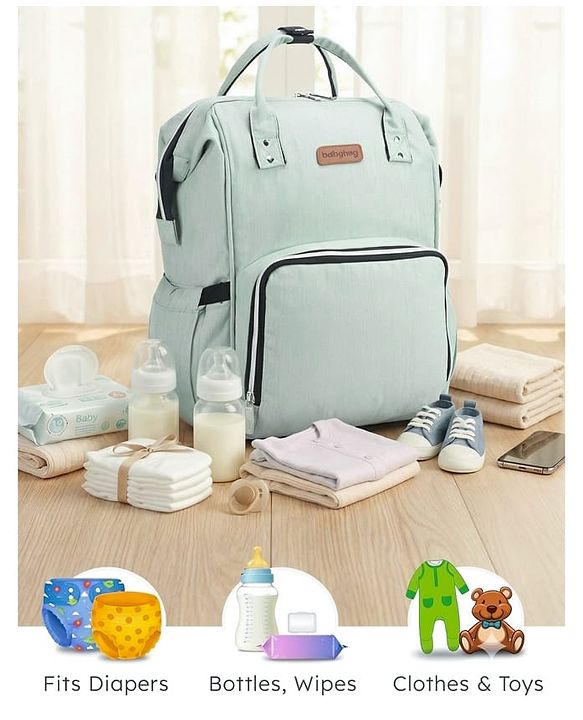 Babyhug Spacious and Multifunctional Denim Diaper Backpack - Safari Green| Wide Fish Mouth Opening| Insulated Feeding Bottle Pouches| Wipes Dispenser| Easy Access Back Opening