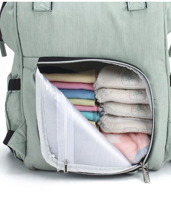 Babyhug Spacious and Multifunctional Denim Diaper Backpack - Safari Green| Wide Fish Mouth Opening| Insulated Feeding Bottle Pouches| Wipes Dispenser| Easy Access Back Opening
