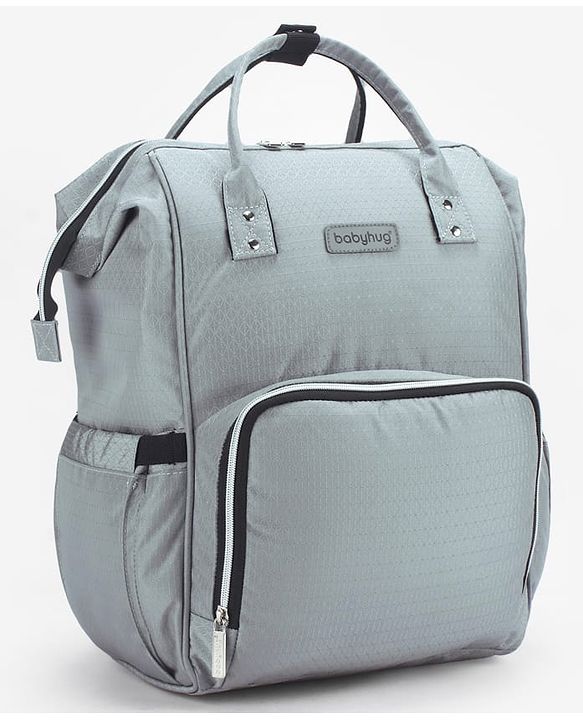 Babyhug Premium Multifunctional and Spacious Textured Diaper Backpack - Grey| 100% Polyester| Wide Fish Mouth Opening| Insulated Feeding Bottle Pouches| Wipes Dispenser| Easy Access Back Opening