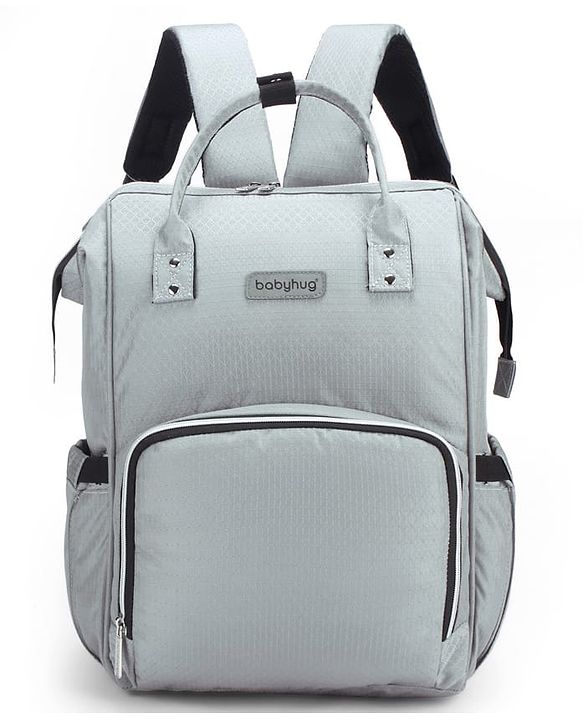 Babyhug Premium Multifunctional and Spacious Textured Diaper Backpack - Grey| 100% Polyester| Wide Fish Mouth Opening| Insulated Feeding Bottle Pouches| Wipes Dispenser| Easy Access Back Opening