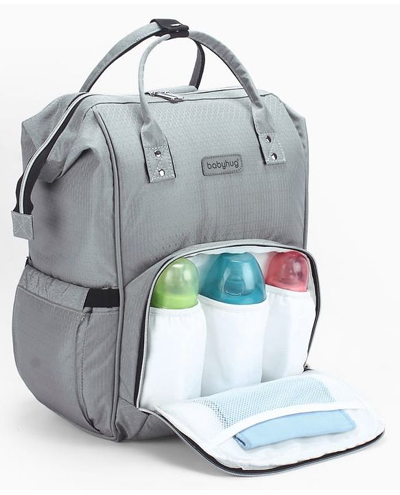 Babyhug Premium Multifunctional and Spacious Textured Diaper Backpack - Grey| 100% Polyester| Wide Fish Mouth Opening| Insulated Feeding Bottle Pouches| Wipes Dispenser| Easy Access Back Opening