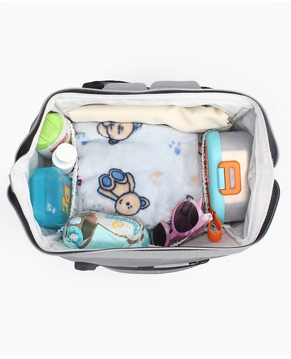 Babyhug Premium Multifunctional and Spacious Textured Diaper Backpack - Grey| 100% Polyester| Wide Fish Mouth Opening| Insulated Feeding Bottle Pouches| Wipes Dispenser| Easy Access Back Opening