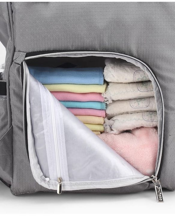 Babyhug Premium Multifunctional and Spacious Textured Diaper Backpack - Grey| 100% Polyester| Wide Fish Mouth Opening| Insulated Feeding Bottle Pouches| Wipes Dispenser| Easy Access Back Opening